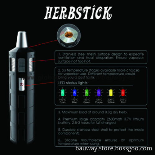 Variable Temperature Different LEDs with Silicone Mouthpiece Dry Herb Pen, Sized 29*29*140mm
